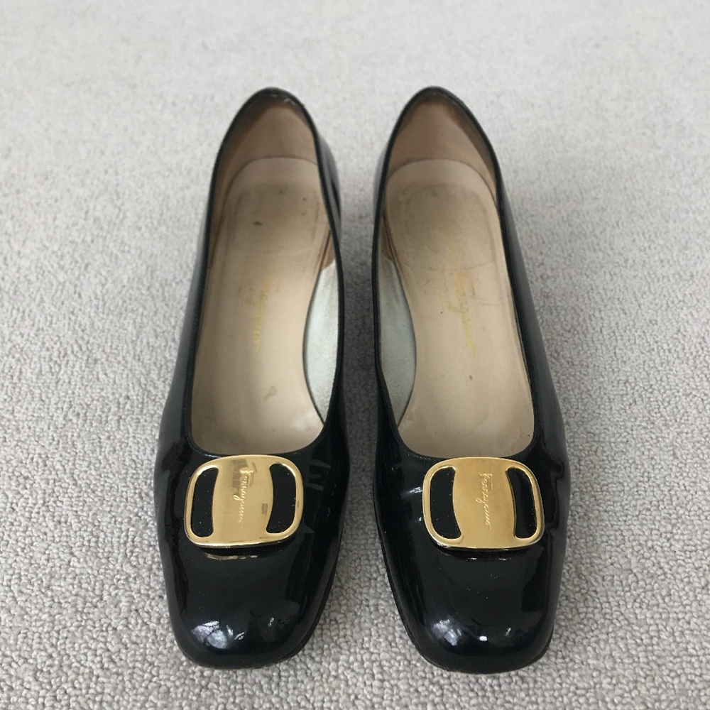 Salvatore Ferragamo Black Patent Leather Low Heels